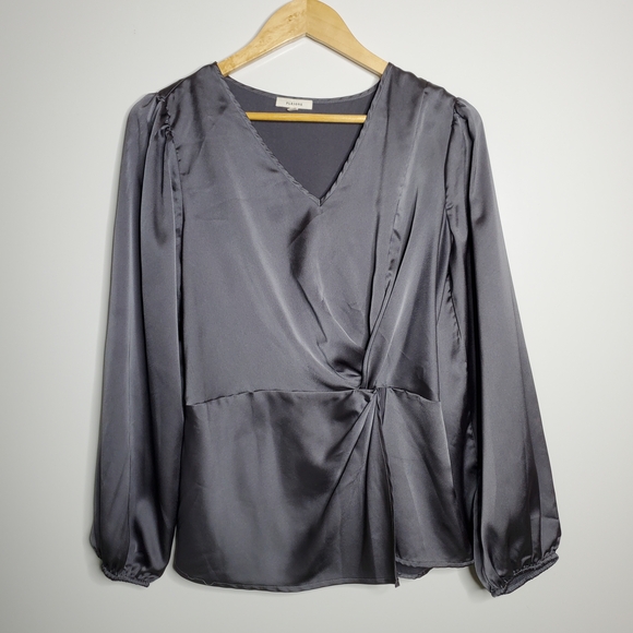 Pleione Tops - Pleione Metallic Grey v-neck side bunch long sleeve blouse Size Medium